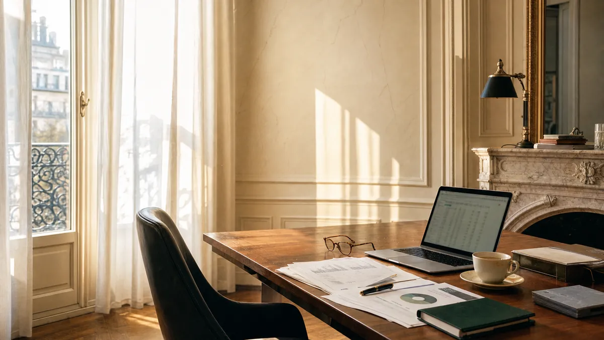 Bureau de travail avec documents financiers et ordinateur