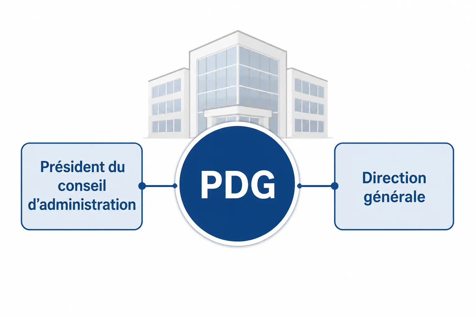 Schéma du président directeur général en SA : PDG reliant président du conseil d’administration et direction générale.