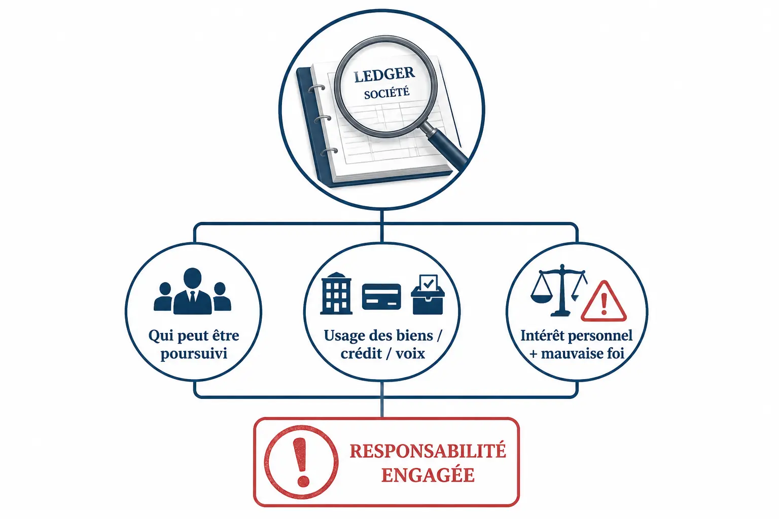 Schéma juridique sur l’abus de bien sociaux : 4 étapes pour vérifier si le délit est constitué.