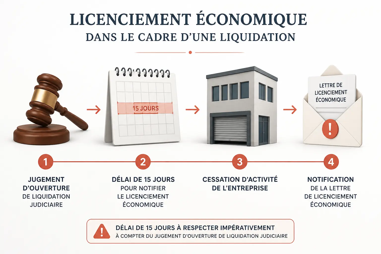 Schéma de liquidation judiciaire salarié cdi : gavel, délai de 15 jours, fermeture d’entreprise, lettre de licenciement.