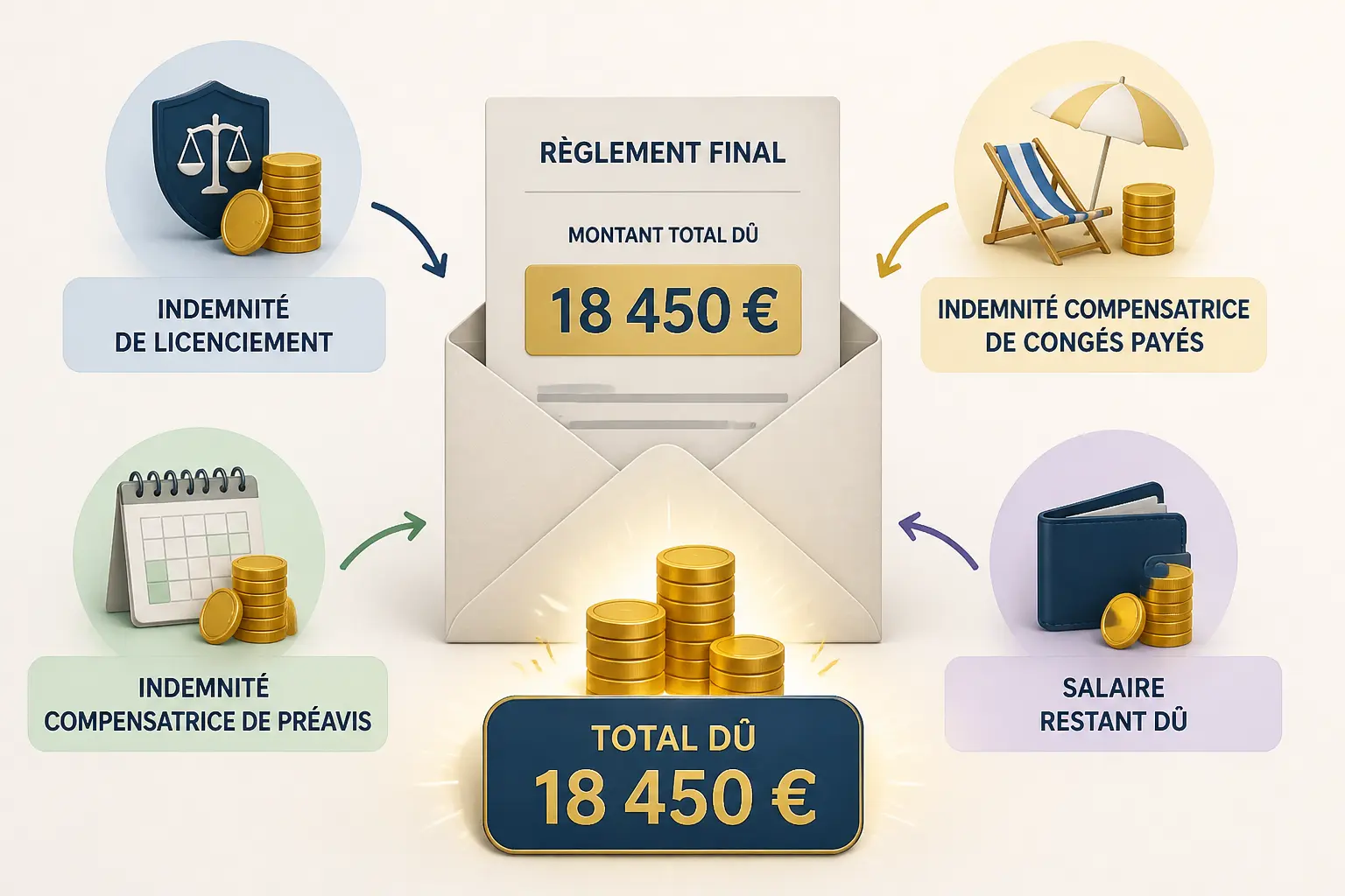 Liquidation judiciaire salarié cdi : indemnités de rupture, salaire dû, congés payés et préavis autour d’un total