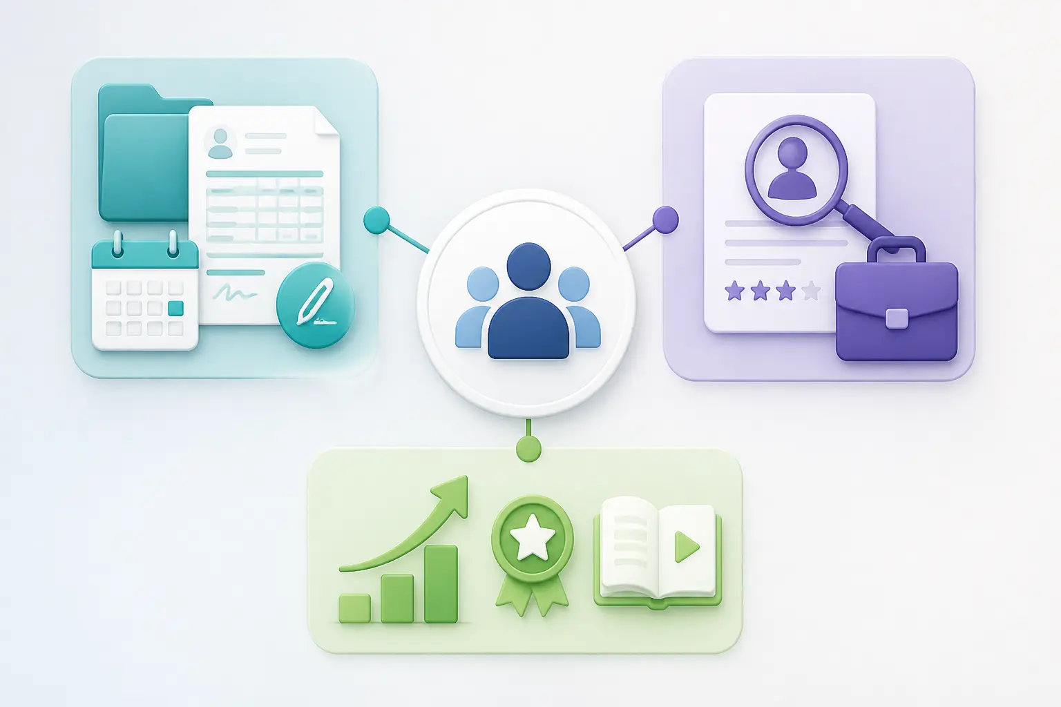 Schéma d’outil rh montrant trois familles : administratif, recrutement et développement des talents.