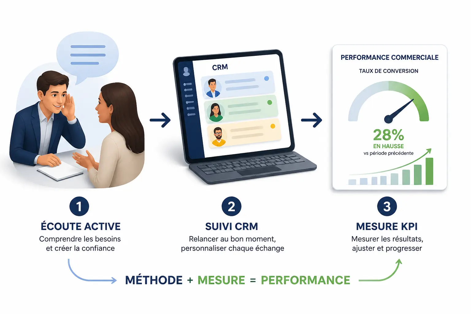 Prospecteur commercial : schéma en 3 étapes avec écoute, CRM et KPI pour transformer l’activité en performance.