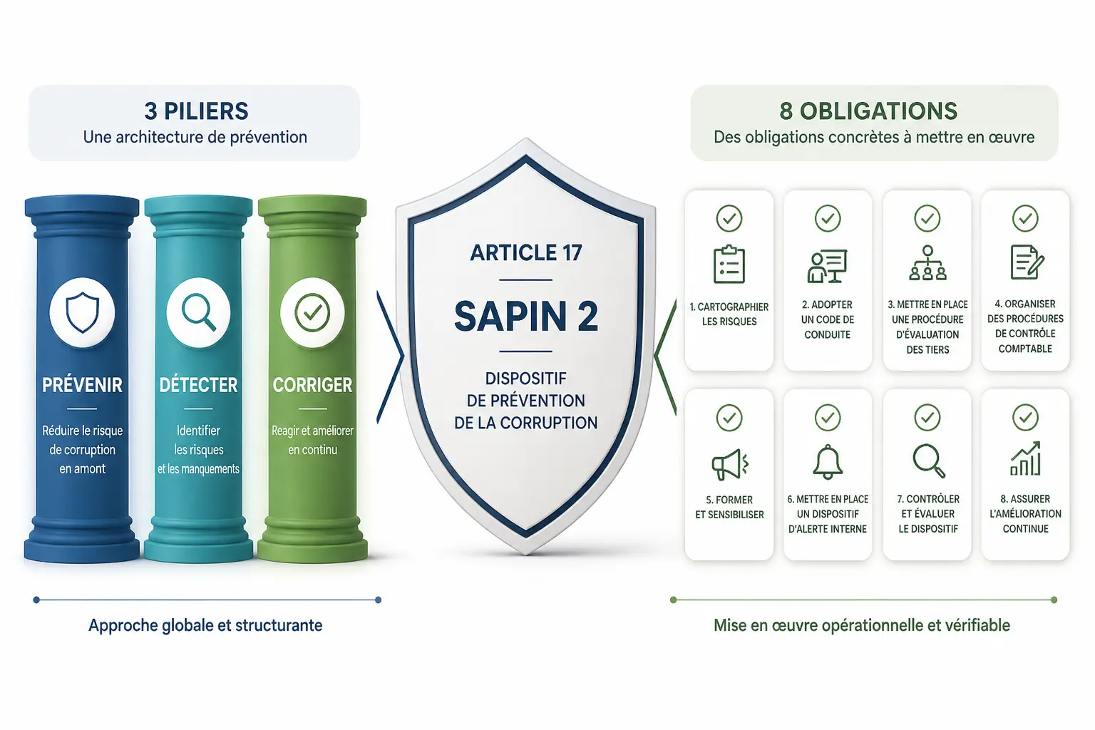Sapin 2 : schéma comparant 3 piliers prévention, détection, correction et 8 obligations de l’article 17
