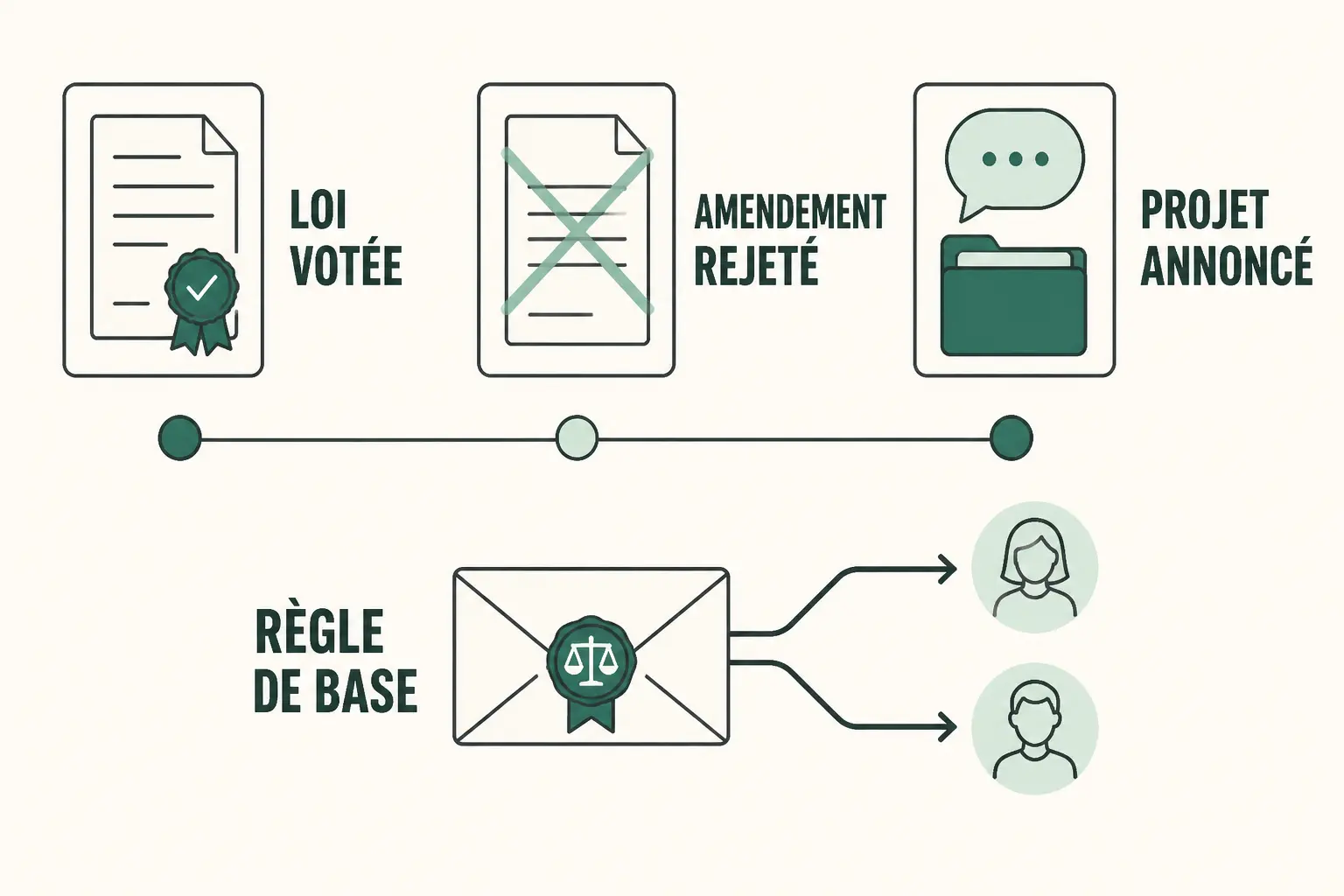 Infographie sur l’assurance vie et succession nouvelle loi : loi votée, amendement rejeté, projet annoncé et règle de base.