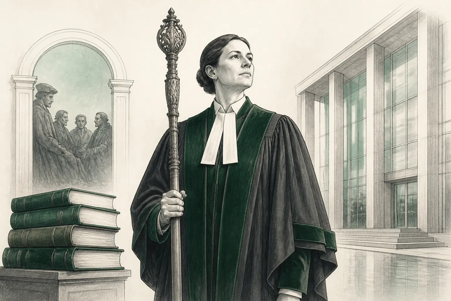 Batonnier élu entre tradition et autorité, bâton cérémoniel, livres de droit et tribunal moderne en fond