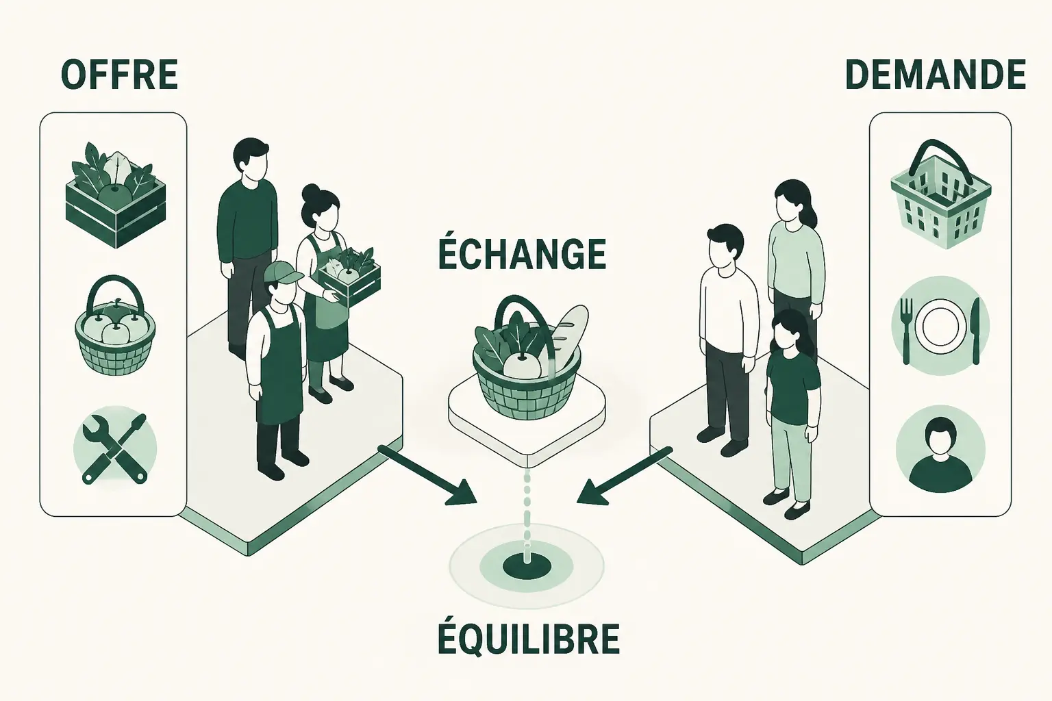 Infographie sur la définition du marché : offre, demande, échange et équilibre entre acheteurs et vendeurs.