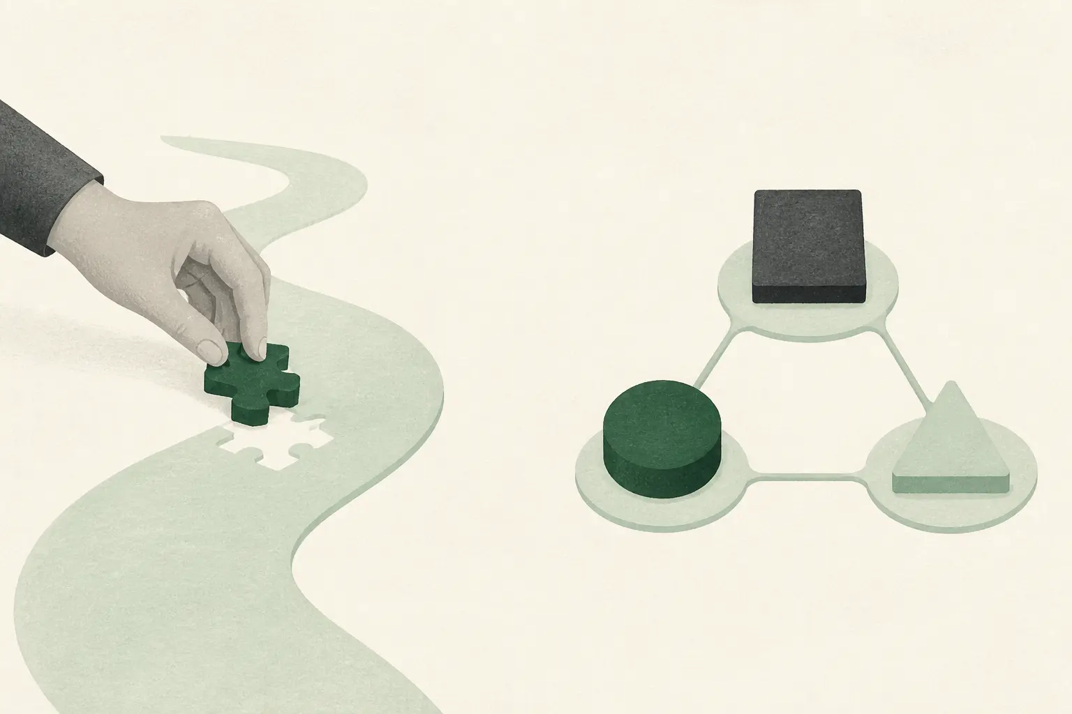 Illustration d’esprit d’équipe : une main place une pièce dans un chemin partagé, puis trois éléments reliés coordonnent un même flux.