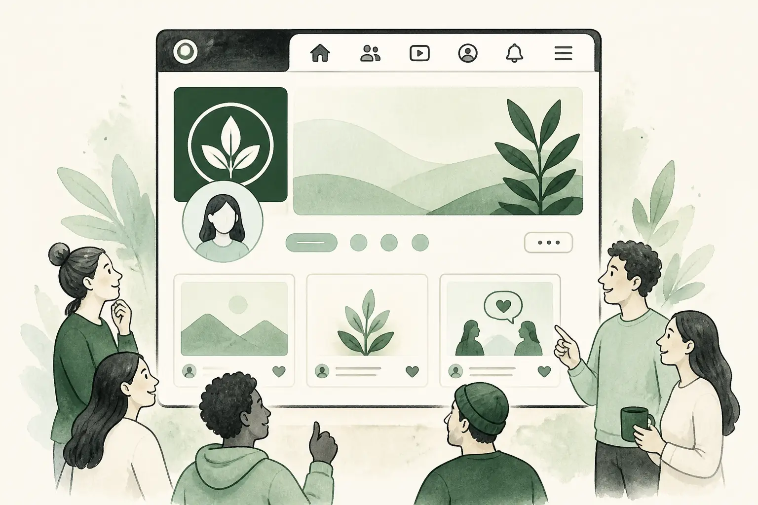 Illustration de fan pages Facebook : page publique centrale, logo, profil créateur et communauté autour.