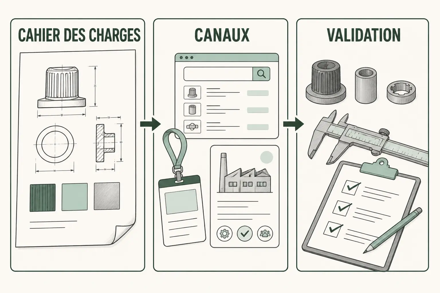 Schéma en 3 étapes pour trouver un fournisseur chinois fiable : cahier des charges, canaux, validation.
