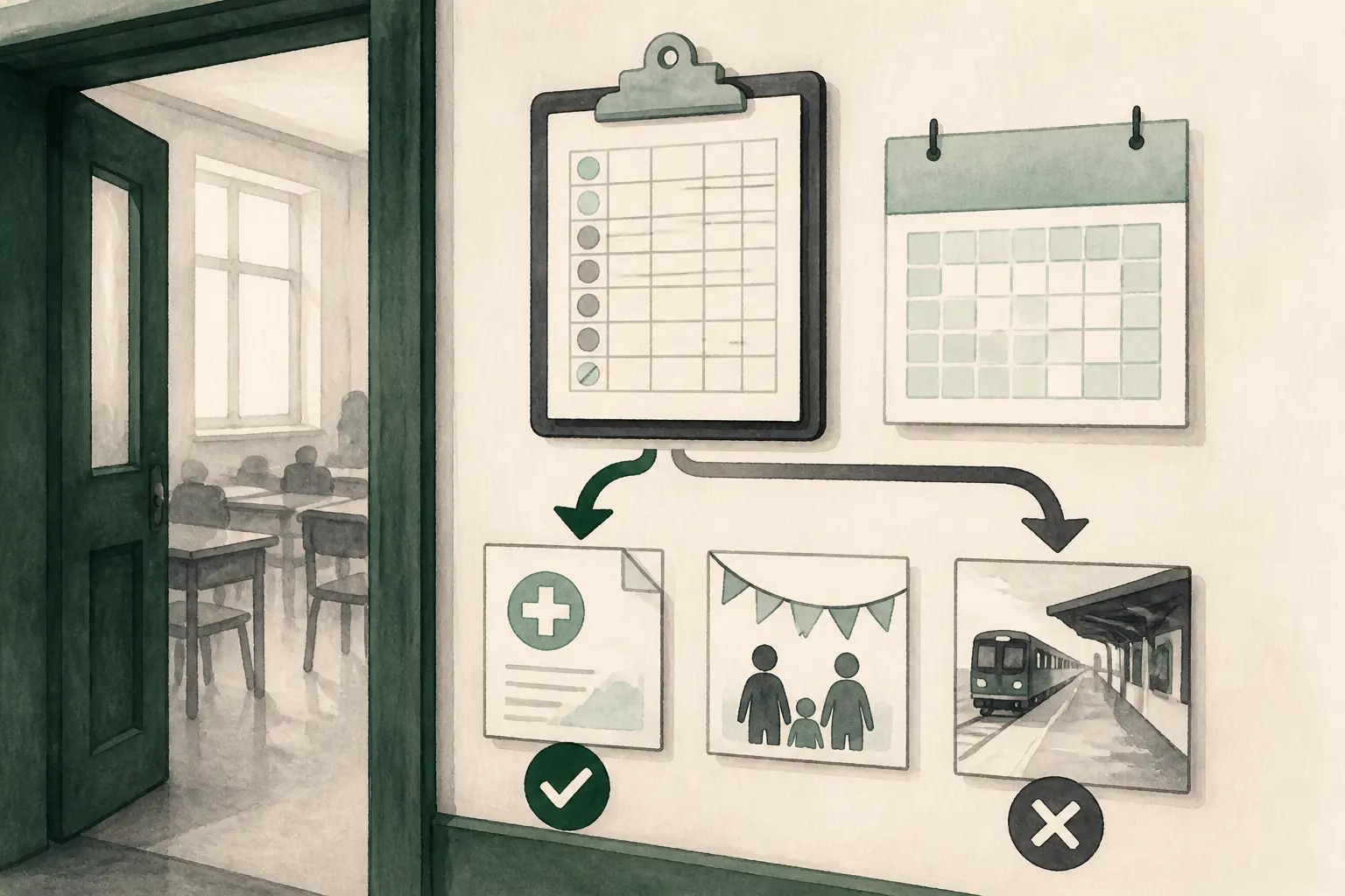 Motif d'absence recevable exemple : entrée de classe, feuille d’appel, calendrier, note médicale et invitation familiale.
