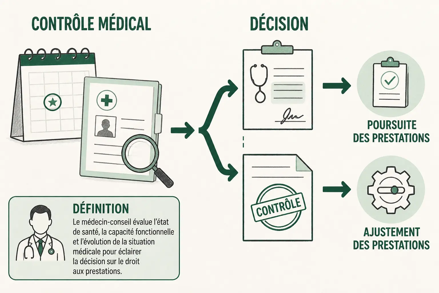 Infographie sur les pièges médecin conseil sécurité sociale : contrôle médical, décision et définition du rôle du médecin-conseil.