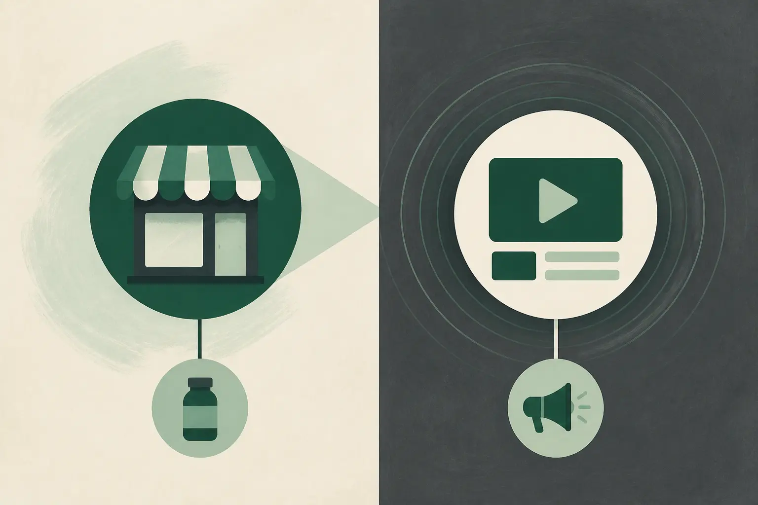 Illustration des pures players : entreprise digitale spécialisée, avec boutique en ligne et hub de contenu séparés en deux zones.