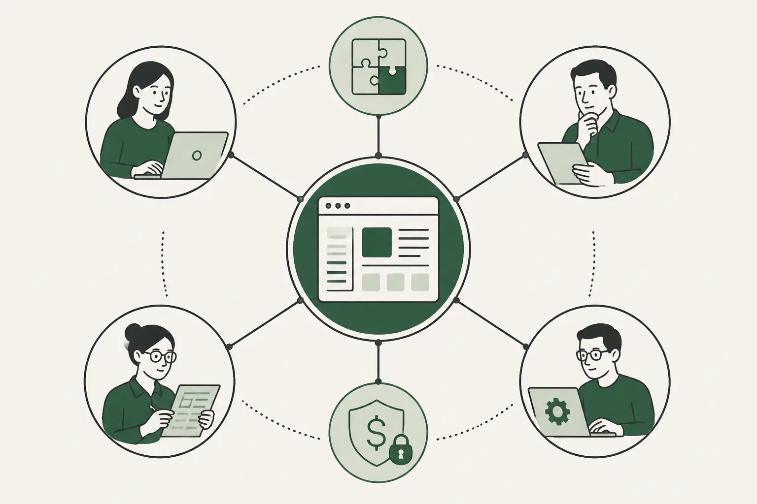 Univers B2B : schéma d’achat B2B avec solution centrale, utilisateurs, direction, achats et IT autour d’un hub.