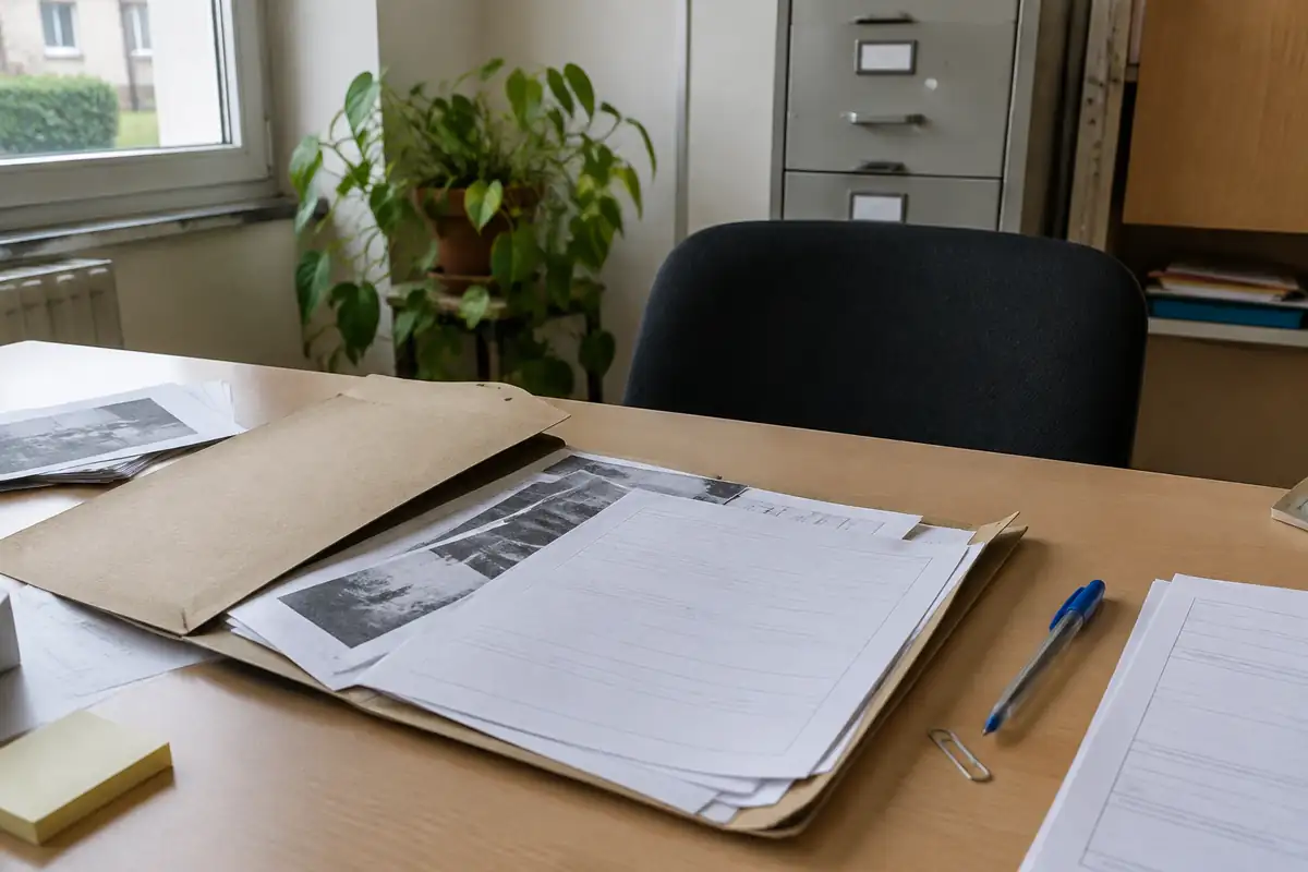 Un dossier cartonné ouvert sur le bureau d'un service d'accompagnement social, formulaires vierges et stylo