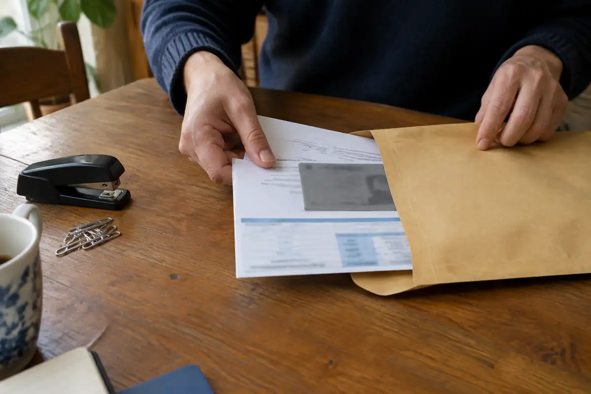 Formulaire, copie de pièce d'identité retournée et relevé bancaire glissés dans une enveloppe