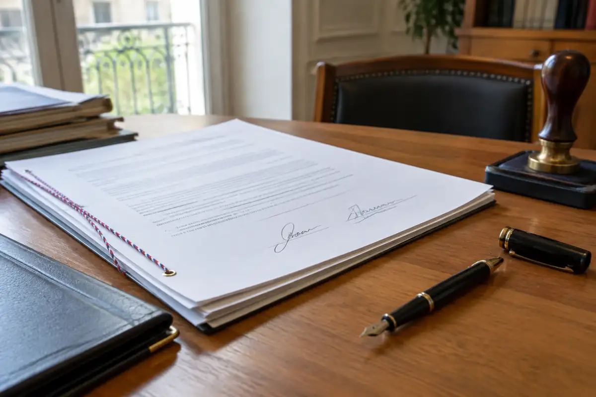 Acte signé posé sur le bureau d'un notaire, avec un stylo plume et un tampon