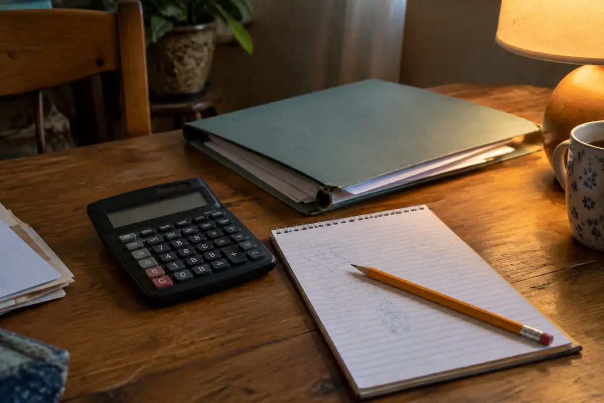 Calculatrice, crayon et notes manuscrites sur un bloc à côté d'un dossier