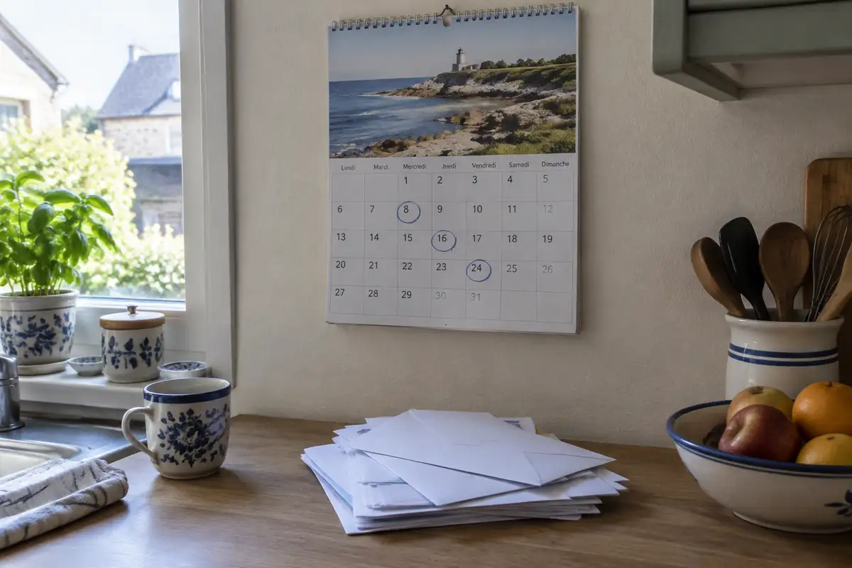 Calendrier papier accroché dans une cuisine avec quelques dates entourées et des enveloppes sur le plan de travail
