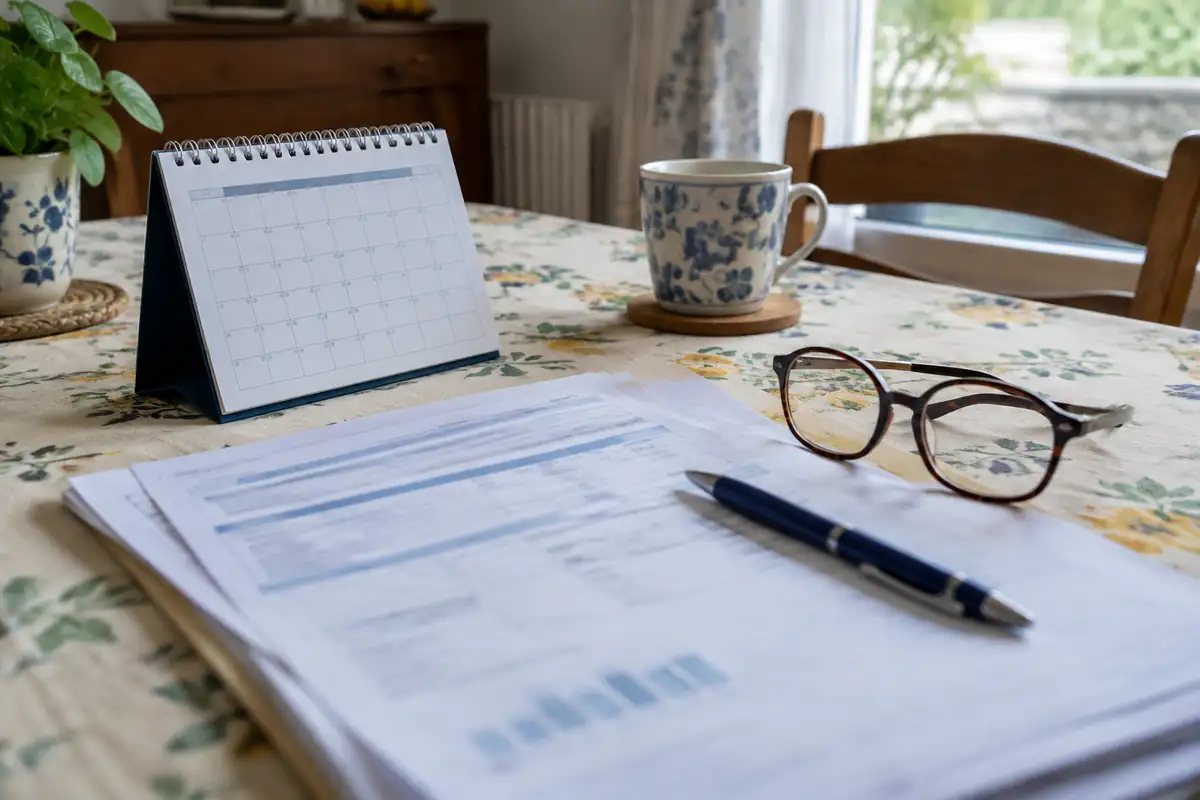 Calendrier de bureau et relevé de carrière sur une table
