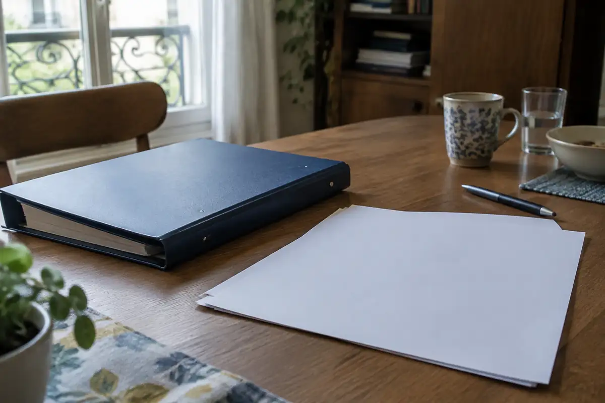 Classeur fermé et feuilles vierges posés sur un bureau