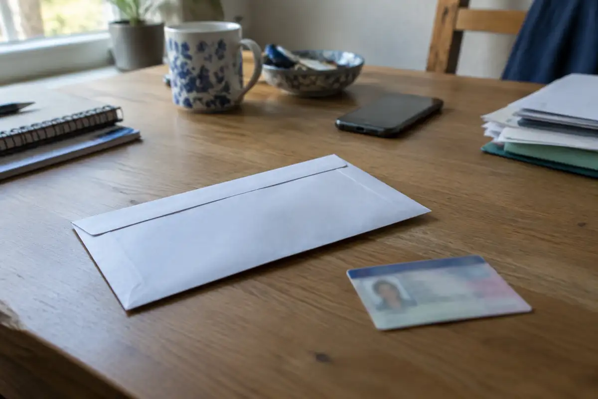 Enveloppe fermée et carte d'identité floue posées sur un bureau