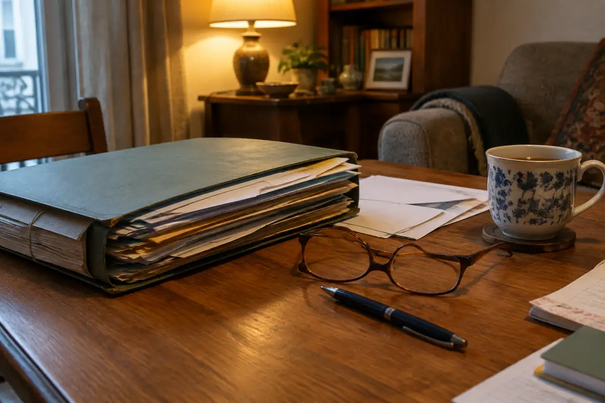 Table de salon avec un dossier de papiers de famille, des lunettes de lecture, un stylo et une tasse de thé