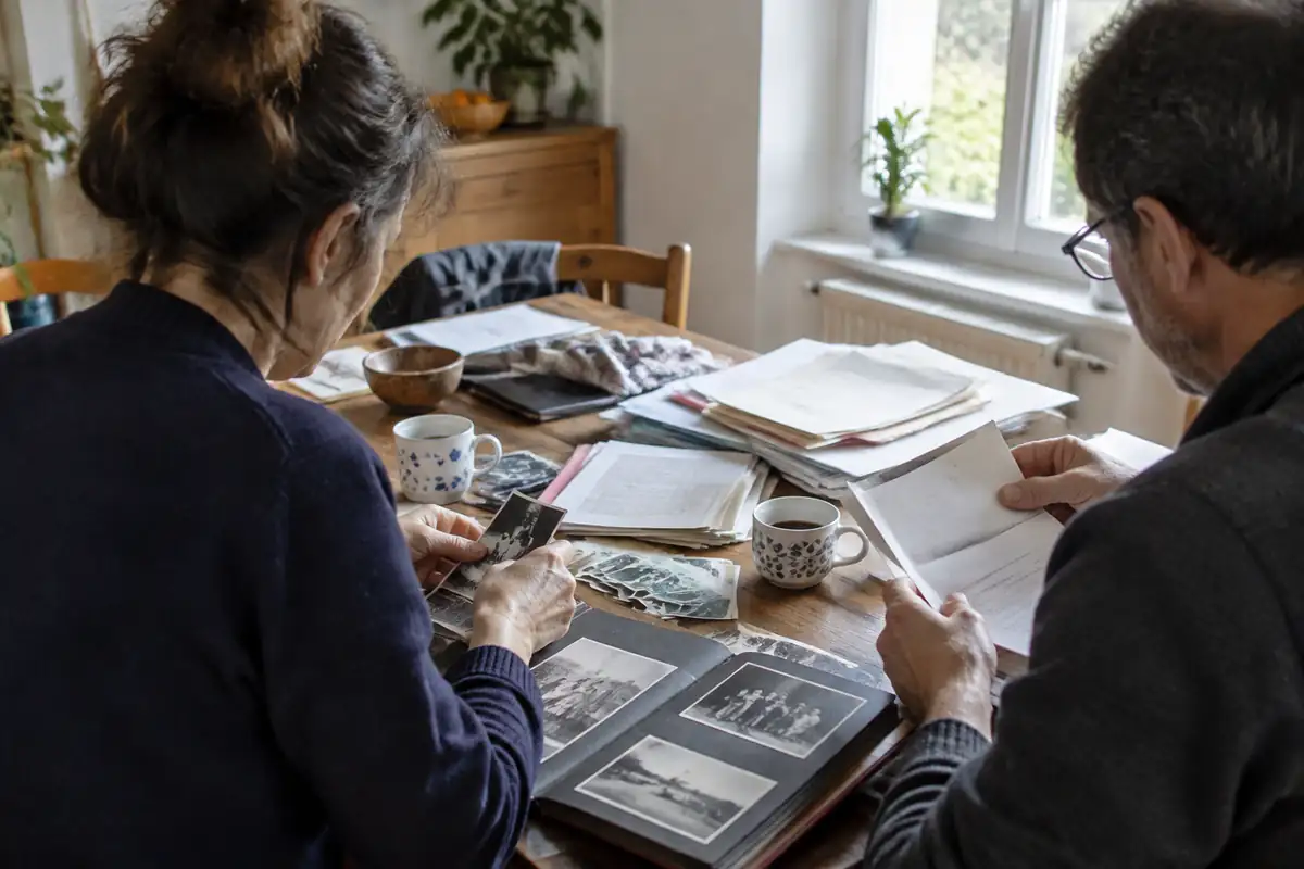 Deux adultes à une table de cuisine triant des papiers de famille et un album photo