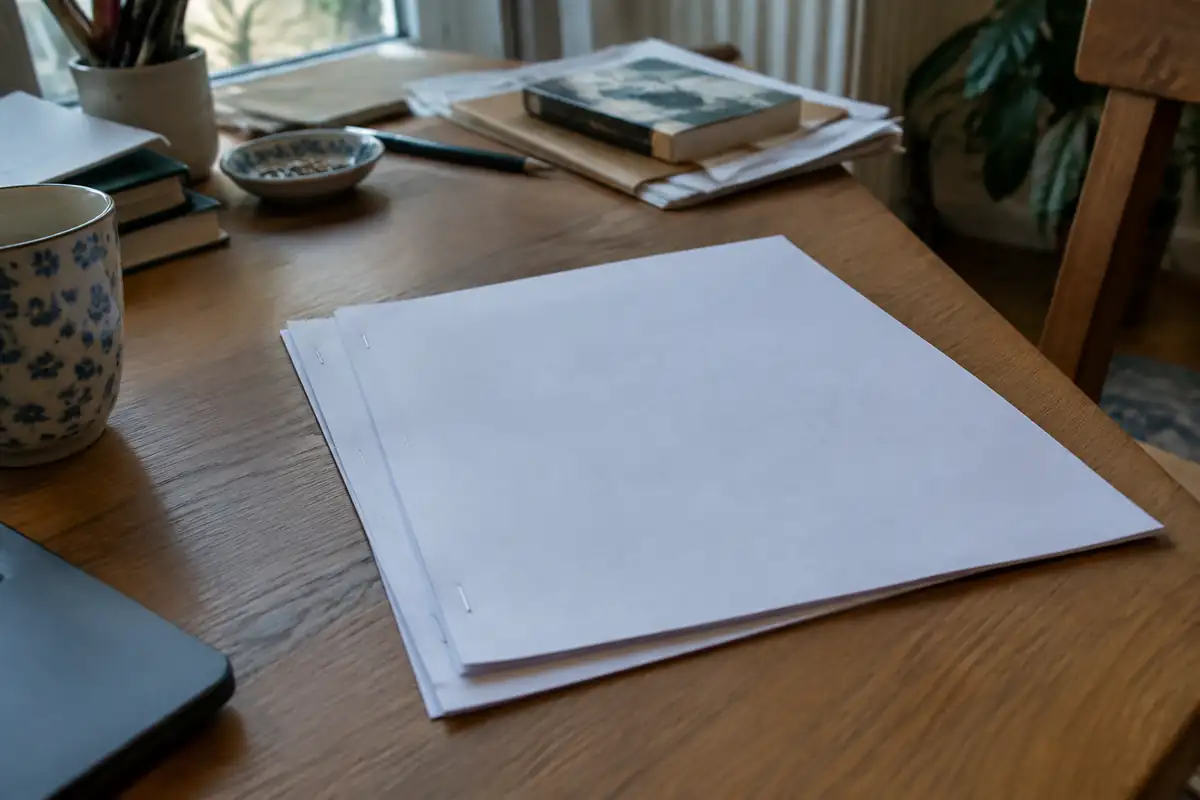 Pile de feuilles agrafées de trois pages sur un bureau