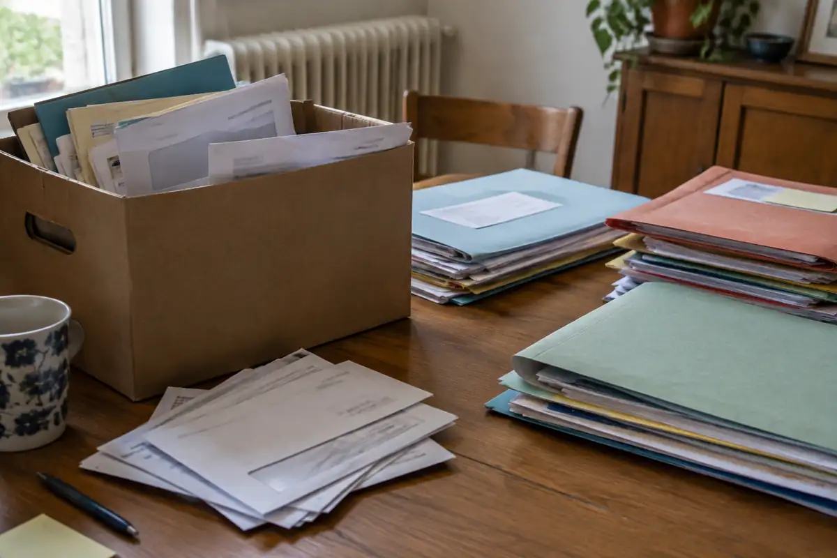 Documents familiaux triés en piles sur un bureau