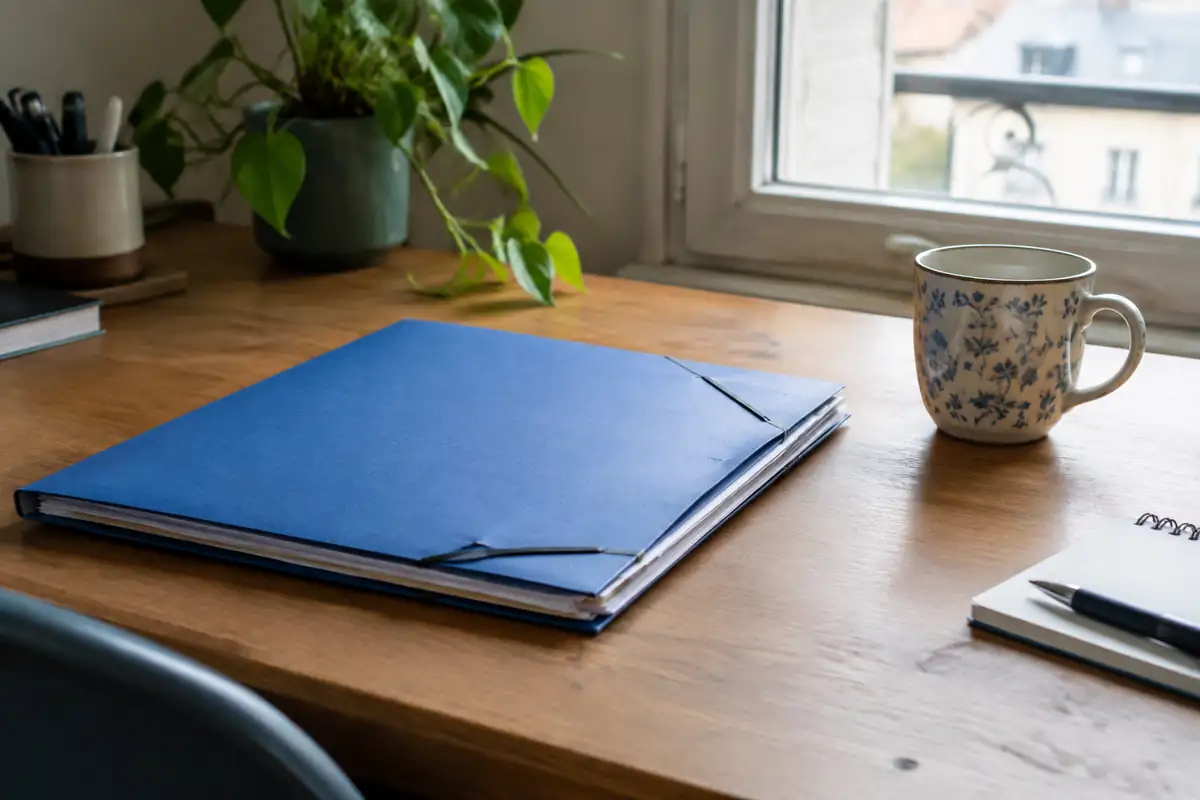 Dossier d'accueil et mug sur un poste de travail vide