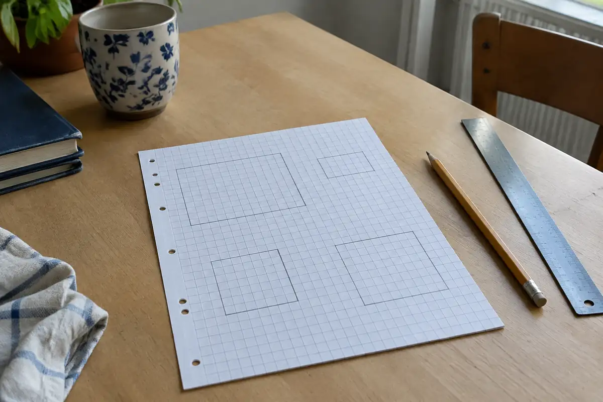 Feuille de papier quadrillé vierge avec une règle et un crayon sur un bureau