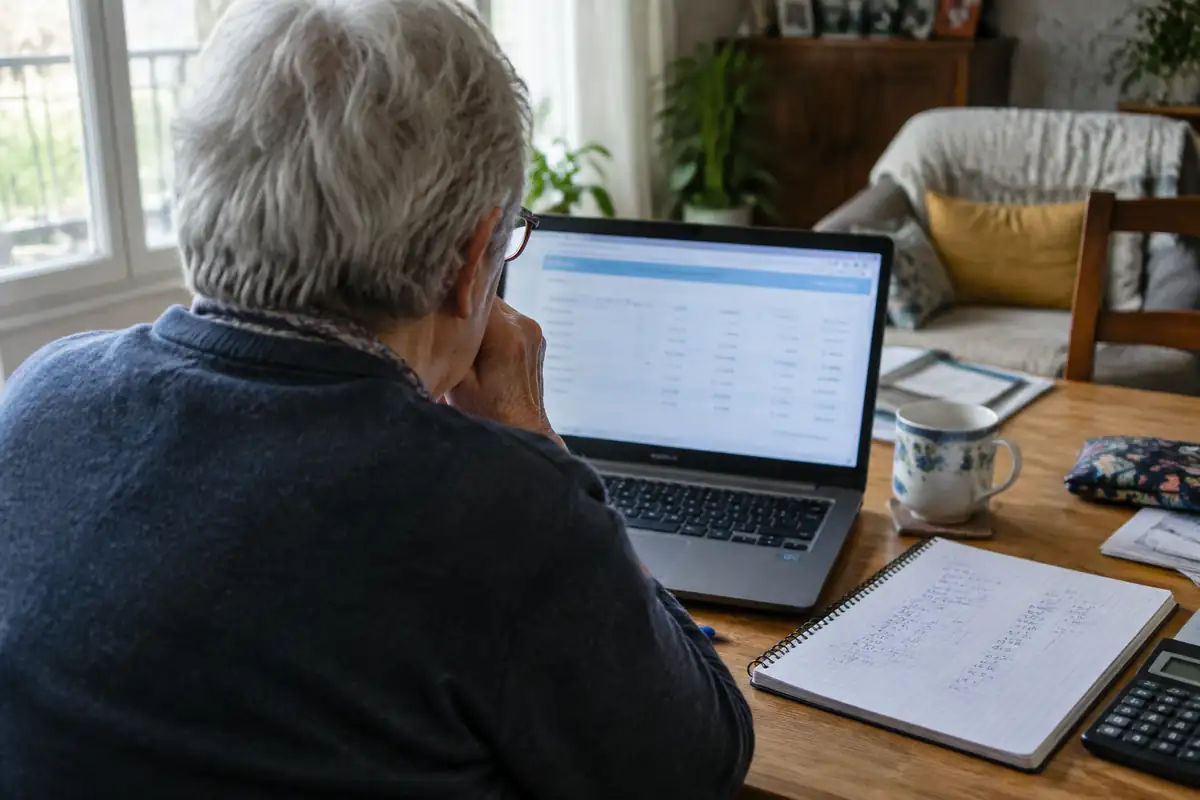 Retraité consultant son espace personnel en ligne avec un carnet de calculs