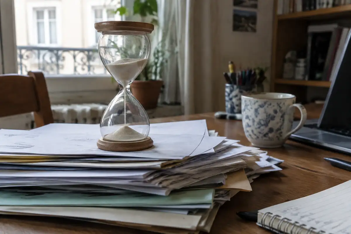 Sablier posé sur une pile de papiers sur un bureau