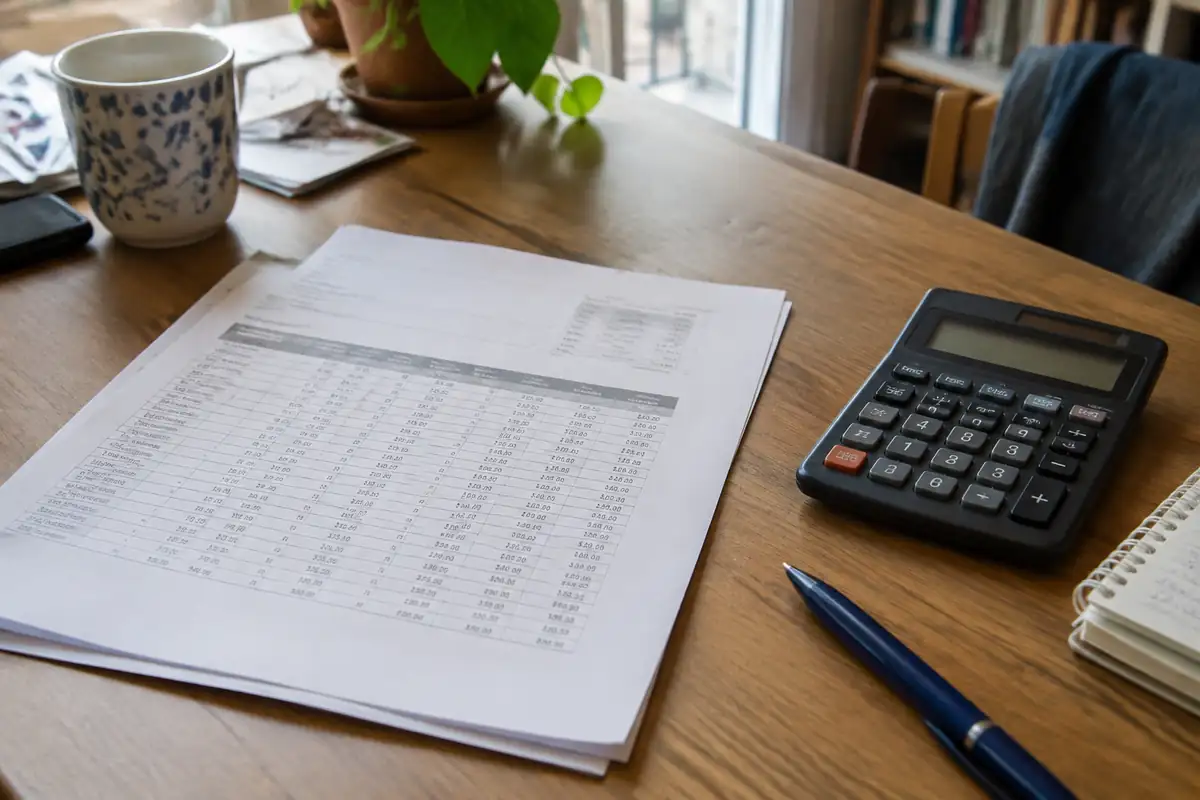 Tableau d'amortissement imprimé et calculatrice sur un bureau